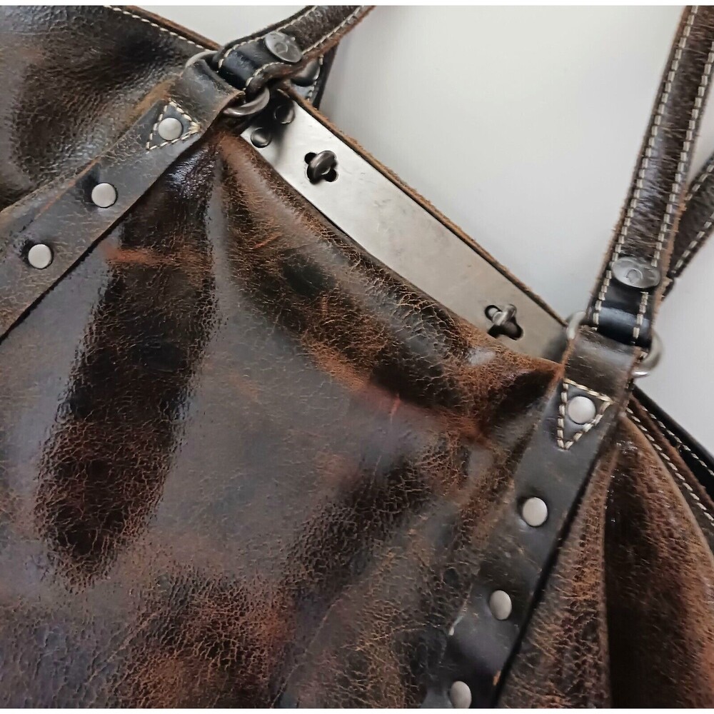Patricia Nash Benvenuto Bark Brown Distressed Italian Leather Lg Tote Studs - Picture 2 of 11